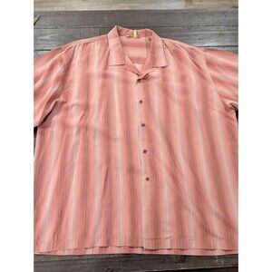 EUC Tommy Bahama Mens Hawaiian Camp Shirt Salmon Peach Striped Vacation XXL
